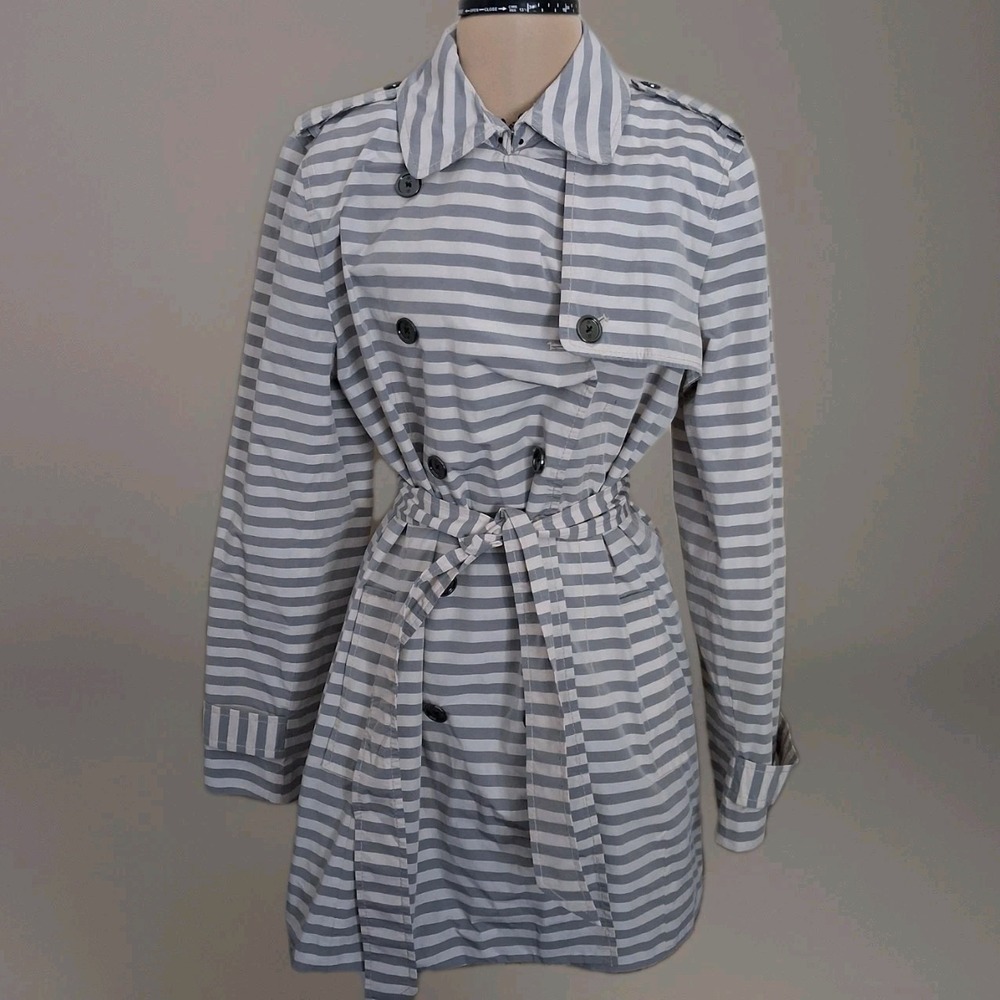 Banana Republic Women's L Gray‎ White Striped Double Breast Belted Trench Coat